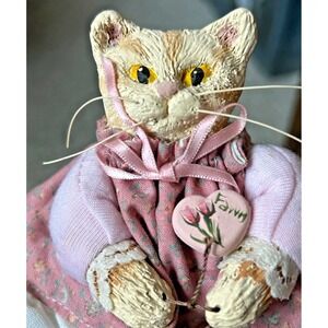 Vintage Handcrafted Folk Art Cat Figurine with Basket and Tiny Kitten Fawn Charm